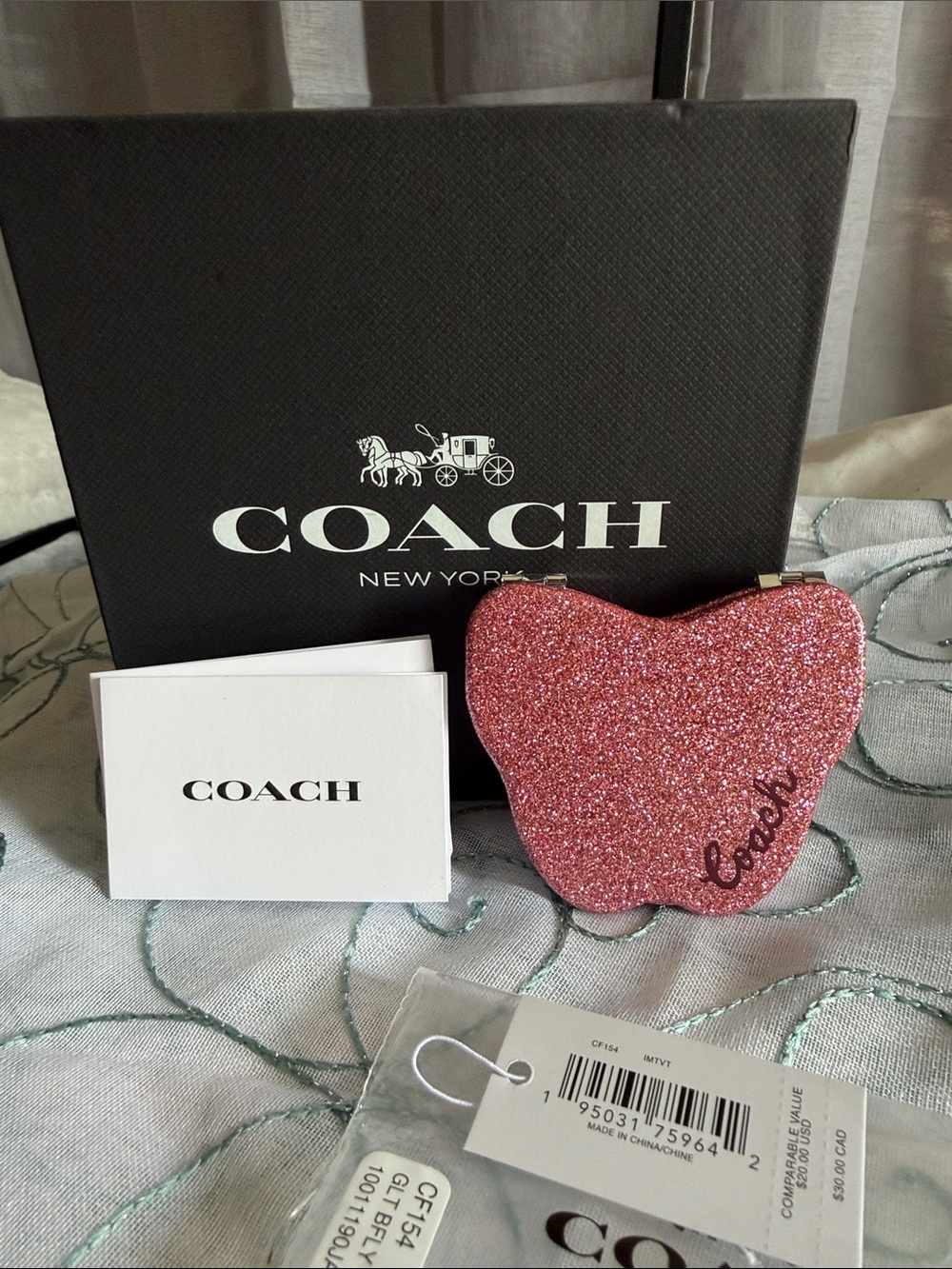 COACH Pink Glitter Butterfly-Shape Compact Mirror